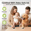 A mother holds a baby and a dog on a table, demonstrating a certified 100% baby-safe ink product.