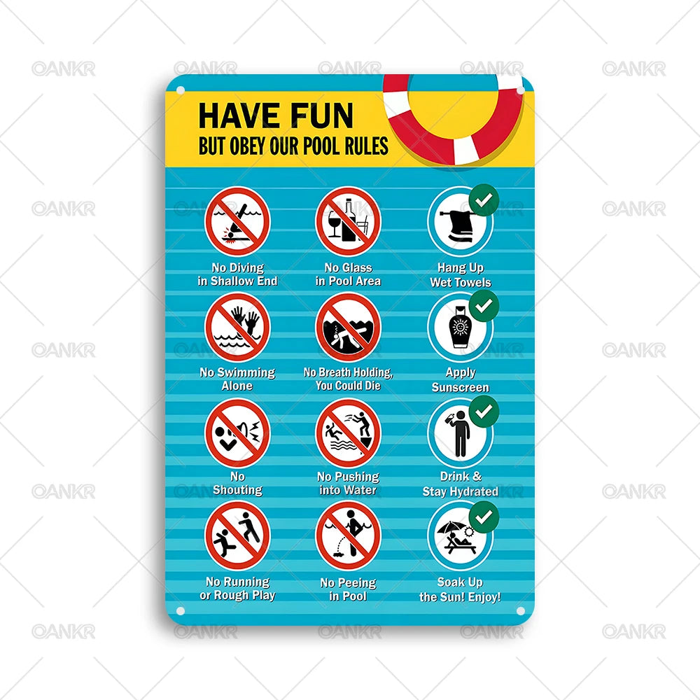 Panneau métallique avec règles de sécurité pour la piscine, interdisant la plongée et la baignade seule.