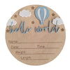 A natural wood birth announcement plaque featuring a blue and white hot air balloon, clouds, stars, and space for personal de