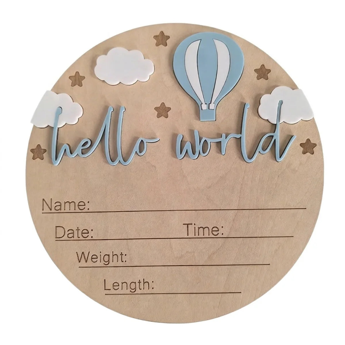 A natural wood birth announcement plaque featuring a blue and white hot air balloon, clouds, stars, and space for personal de