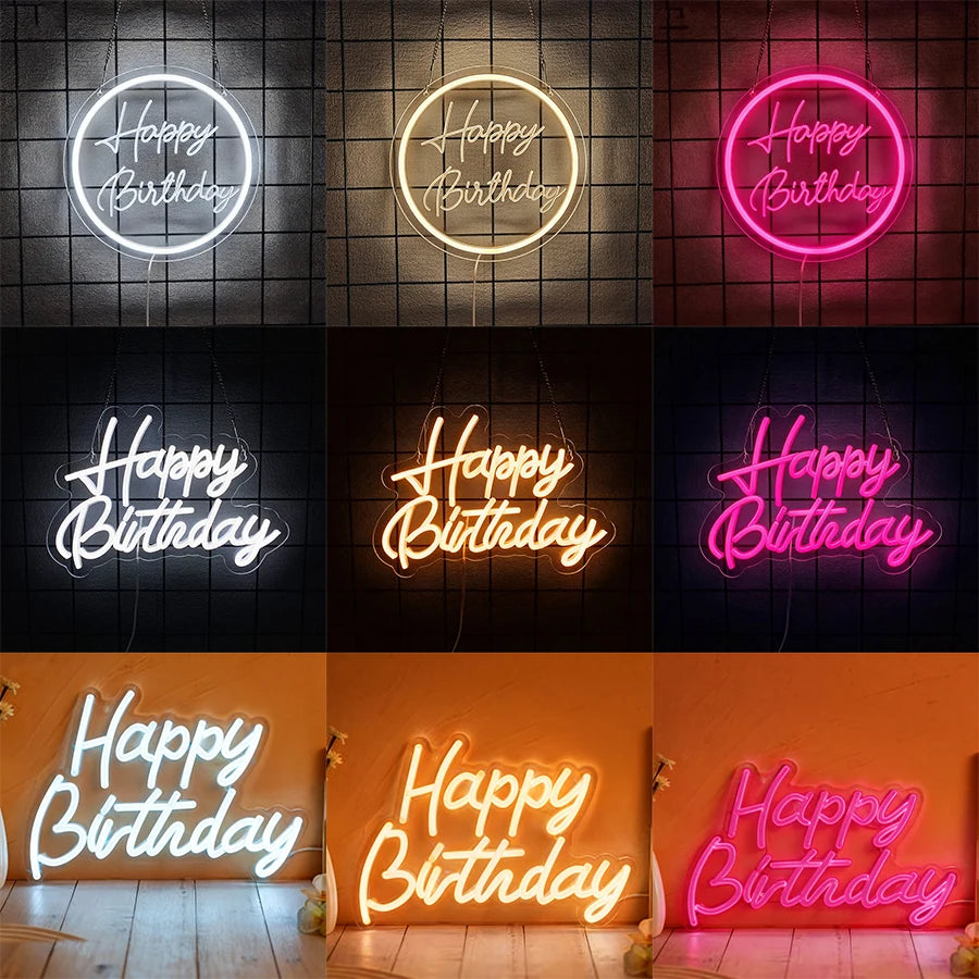 A collection of glowing neon wall signs wishing a happy birthday in various colors and styles.