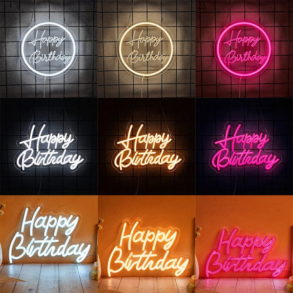 A collection of glowing neon wall signs wishing a happy birthday in various colors and styles.