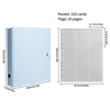 A light blue photo card binder showing the front cover and an interior page layout with grid lines.