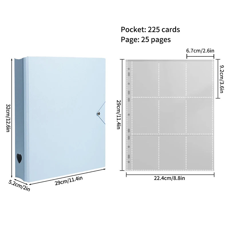 A light blue photo card binder showing the front cover and an interior page layout with grid lines.