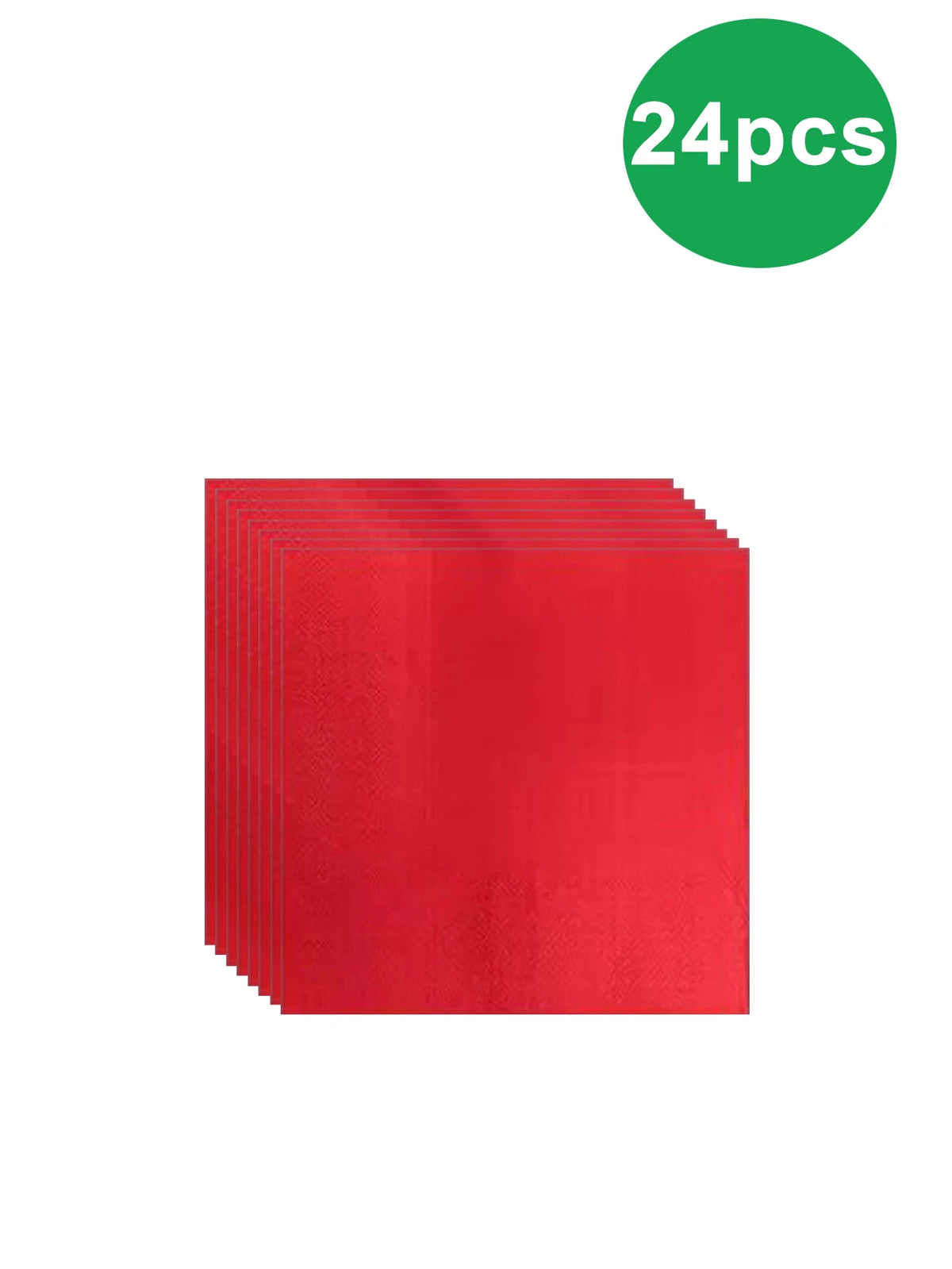 A stack of red paper tableware including dinner plates, napkins, cups, and cutlery.