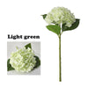 Light green artificial hydrangea flower on a stem with green leaves