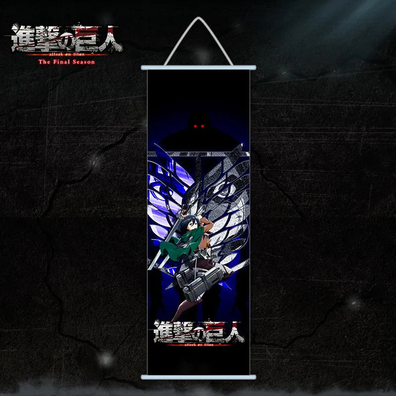A vertical silk wall hanging featuring artwork from Attack on Titan's The Final Season.