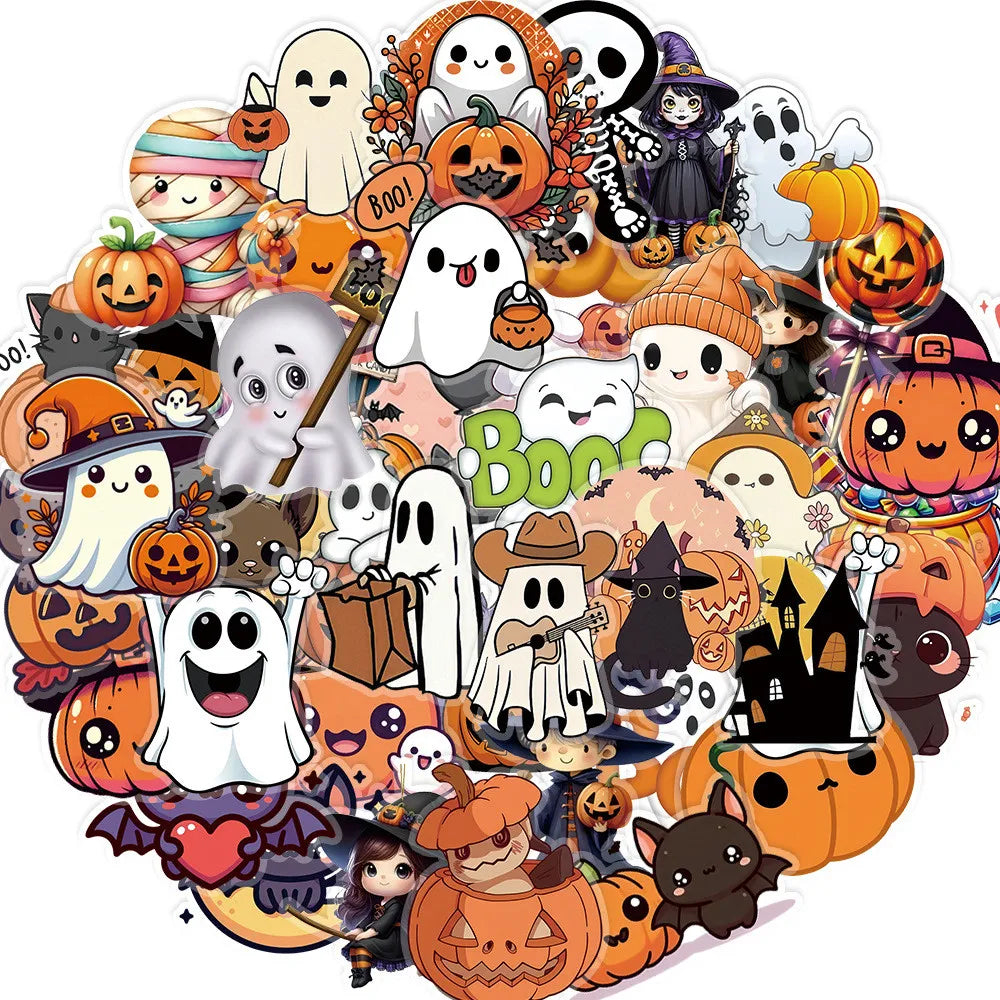 A collection of transparent DIY stickers featuring Halloween and spooky themes like pumpkins ghosts and bats