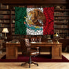 A decorative banner featuring the Mexican flag design with green, white, and red elements displayed in a study setting.
