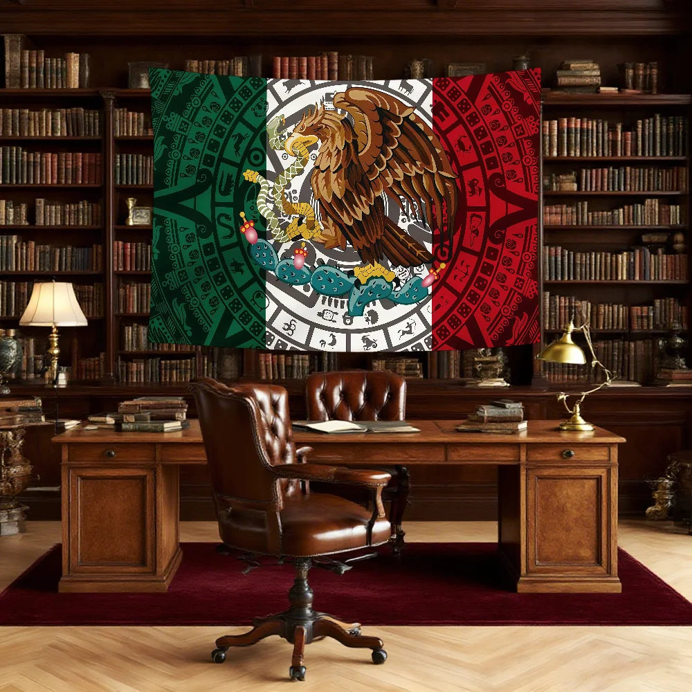 A decorative banner featuring the Mexican flag design with green, white, and red elements displayed in a study setting.