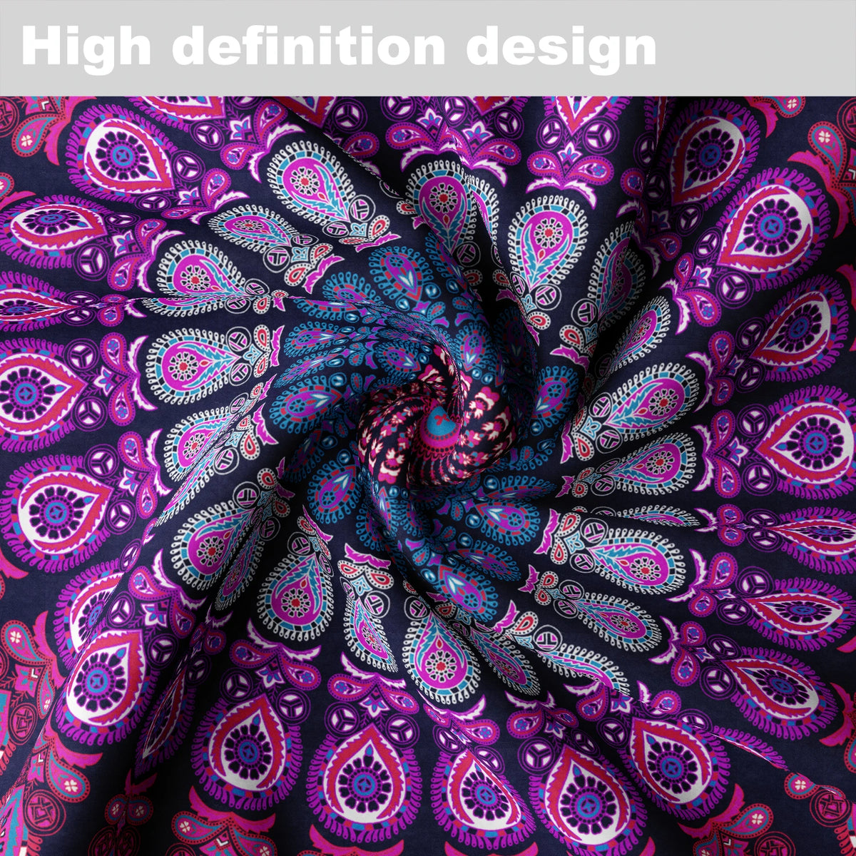Close-up of a dark fabric with vibrant purple and pink peacock mandala patterns rolled into a swirl.