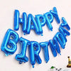 A circular balloon decoration set spelling out HAPPY BIRTHDAY in blue foil balloons.