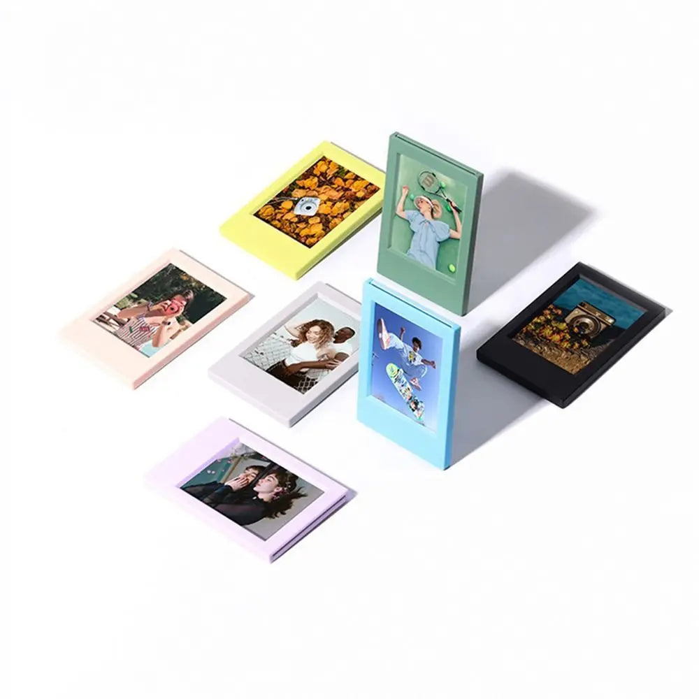 A collection of colorful mini film frames displaying various instant photos.