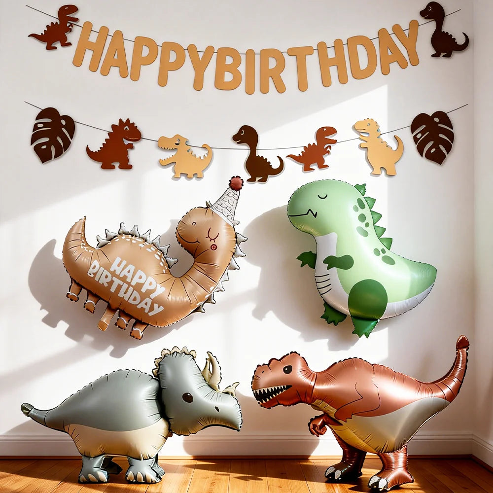 A dinosaur birthday party decoration kit featuring a banner and standing balloons on a white wall.