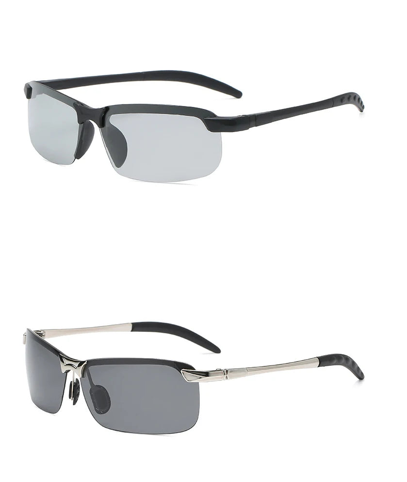 A pair of black photochromic polarized driving sunglasses with an alloy frame.
