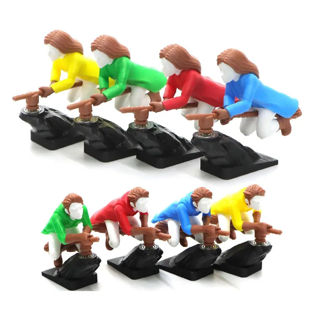 A set of seven miniature witch and wizard figures in various colors are displayed on a white background.