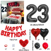 A set of red and black birthday balloons including a 23-inch number balloon, heart balloons, and solid colored balloons.