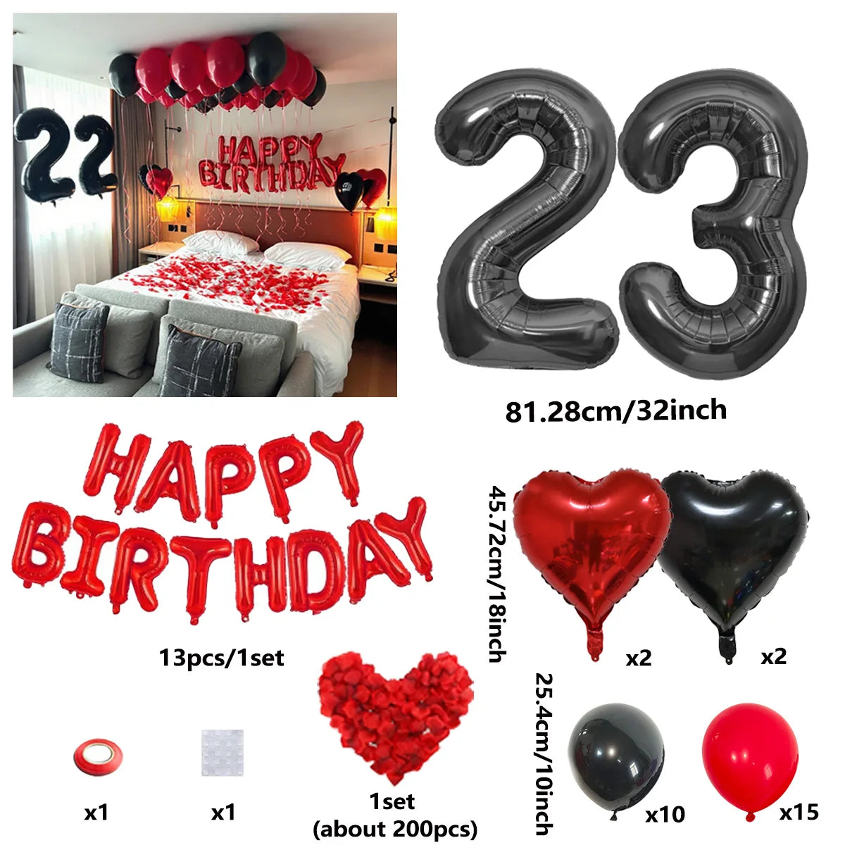 A set of red and black birthday balloons including a 23-inch number balloon, heart balloons, and solid colored balloons.