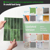 A set of green 3D peel and stick backsplash tiles shown being applied to a surface.