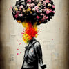 Banksy style artwork depicting a figure with a head exploding into a vibrant burst of color and flowers against a textured wa