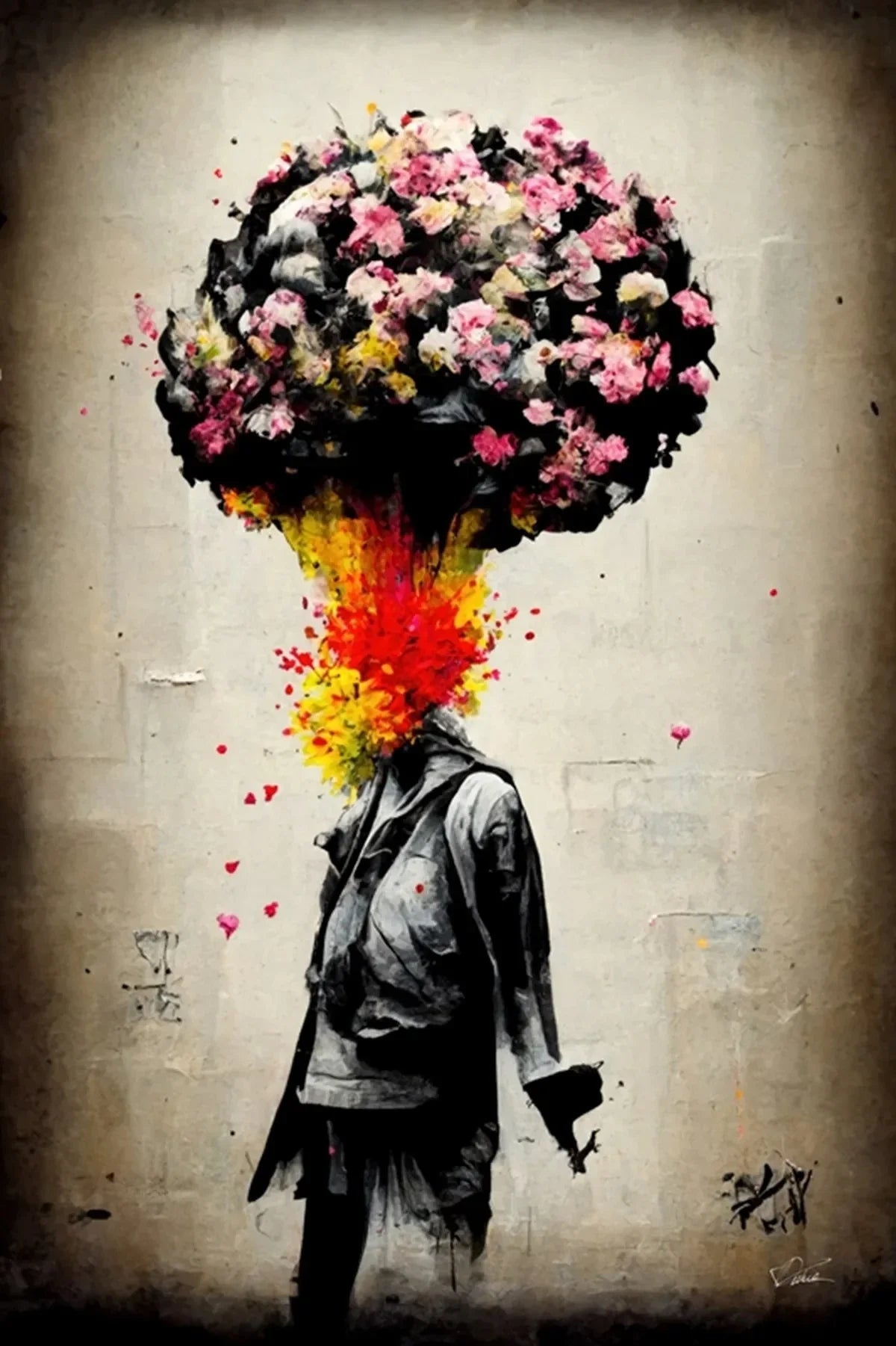Banksy style artwork depicting a figure with a head exploding into a vibrant burst of color and flowers against a textured wa