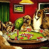 A painting depicting several dogs playing poker around a table in a dimly lit room.