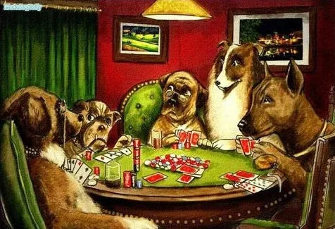 A painting depicting several dogs playing poker around a table in a dimly lit room.