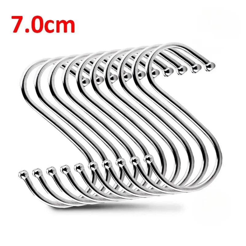 A set of ten S-shaped stainless steel hanging hooks, measuring 7.0cm long.