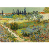 An oil painting depicting a vibrant, overgrown garden landscape with varied greens, yellows, and blues under natural light.
