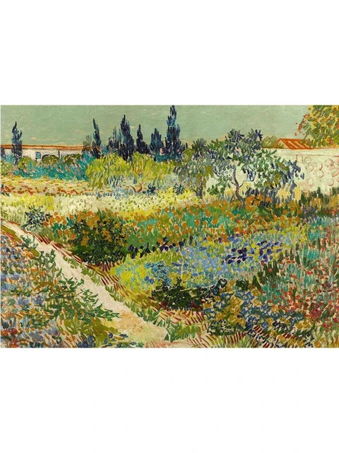 An oil painting depicting a vibrant, overgrown garden landscape with varied greens, yellows, and blues under natural light.