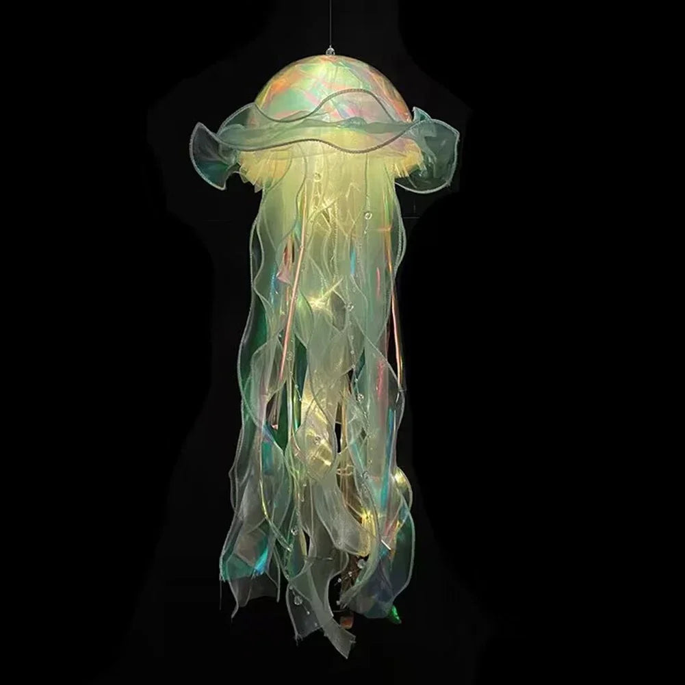 A translucent, iridescent jellyfish lantern suspended, glowing softly against a dark background.