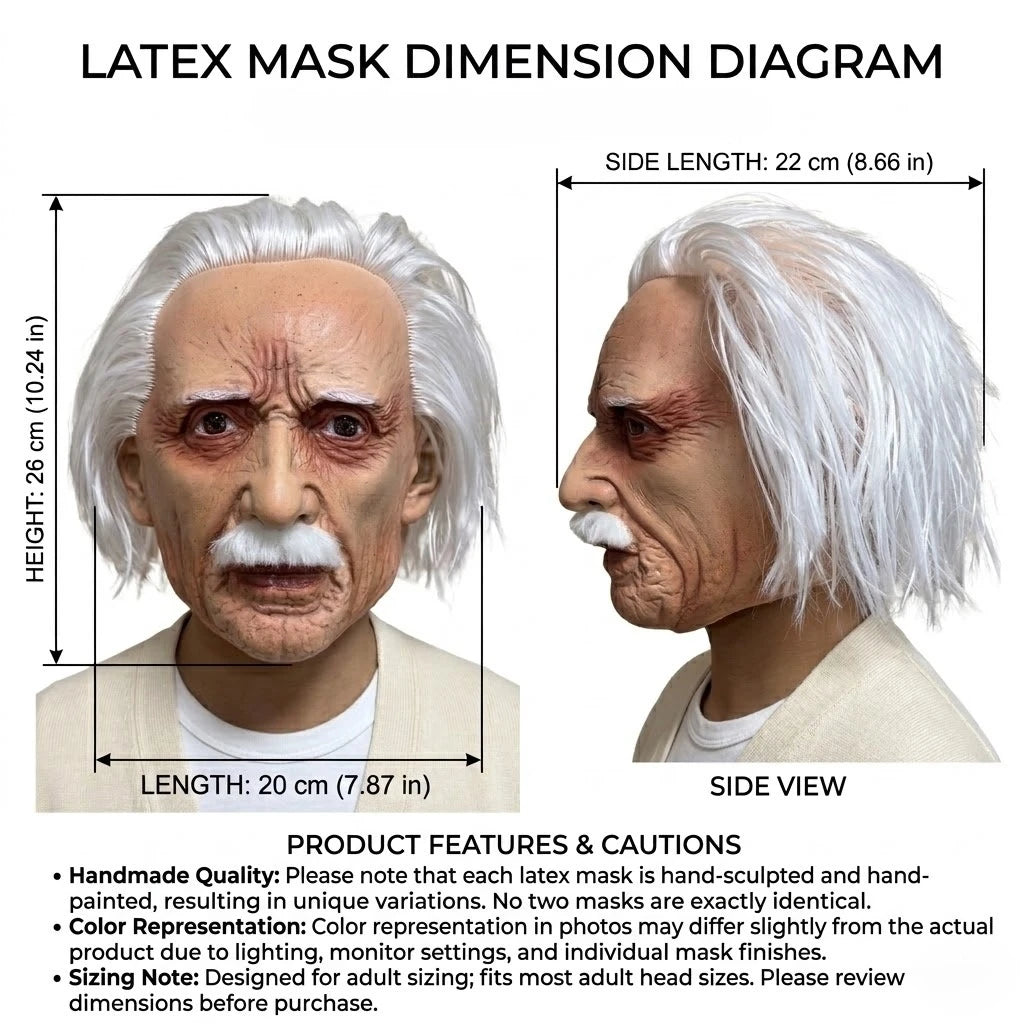 Side diagram showing the dimensions and side view of a realistic elderly scholar latex mask.