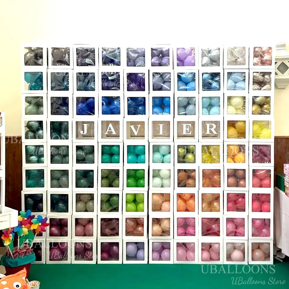 A grid display of 62 latex balloons in various colors and shades for party decor.