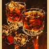 A vintage cocktail glass filled with amber liquid and ice cubes sits on a dark surface.