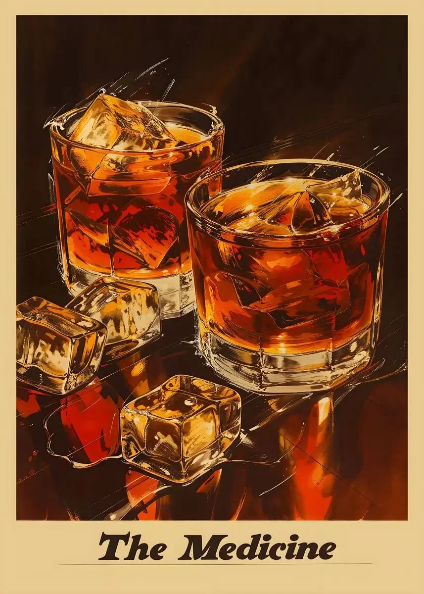 A vintage cocktail glass filled with amber liquid and ice cubes sits on a dark surface.