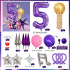 A set of purple and gold balloons including a number five balloon, star shaped balloons, and various decorative elements.