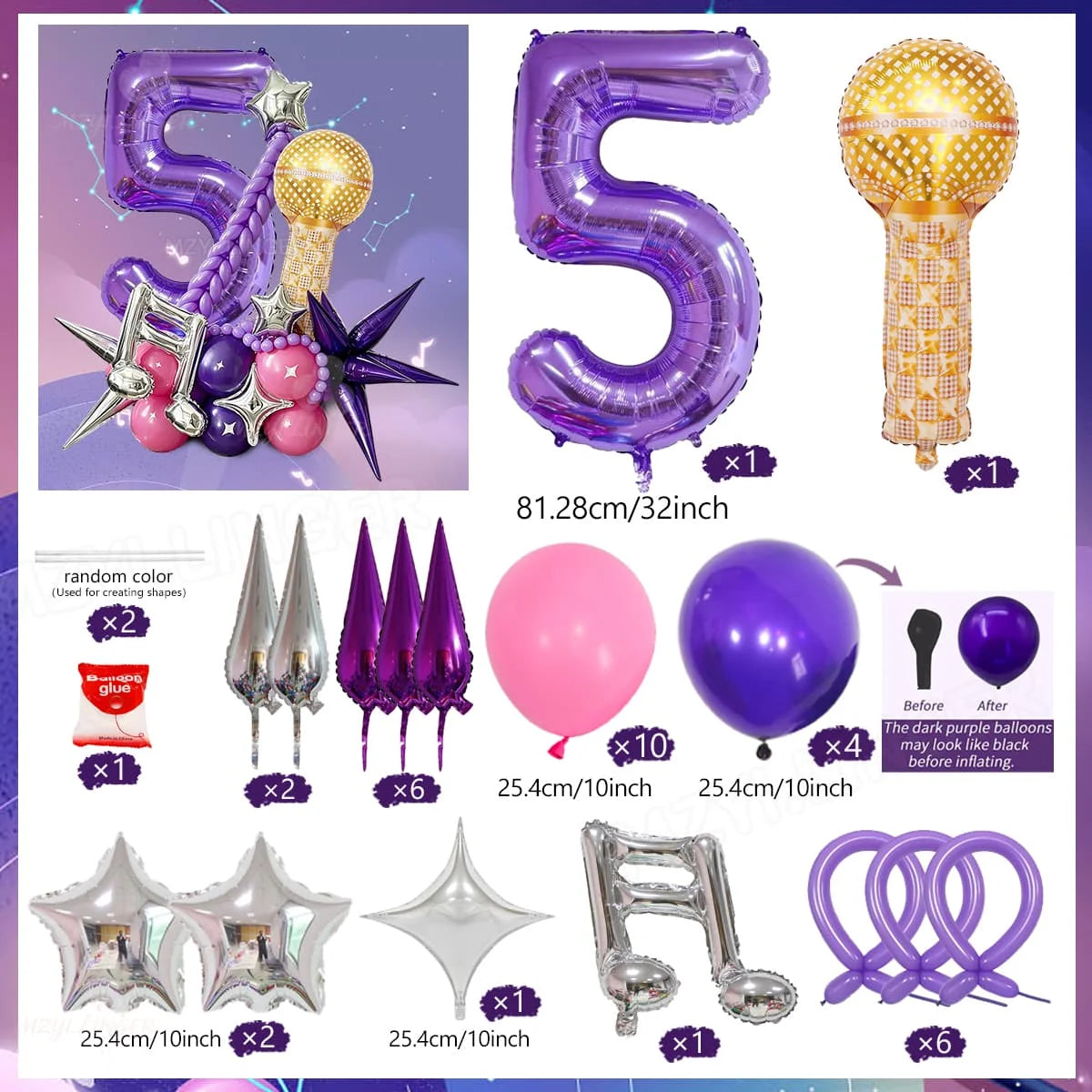 A set of purple and gold balloons including a number five balloon, star shaped balloons, and various decorative elements.