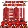 A red and black superhero themed party tableware set featuring banners, plates, cups, and napkins.