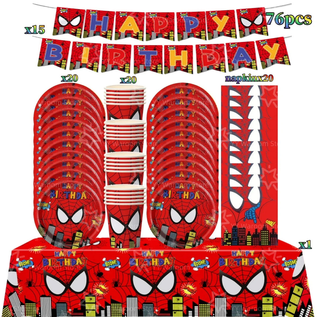 A red and black superhero themed party tableware set featuring banners, plates, cups, and napkins.