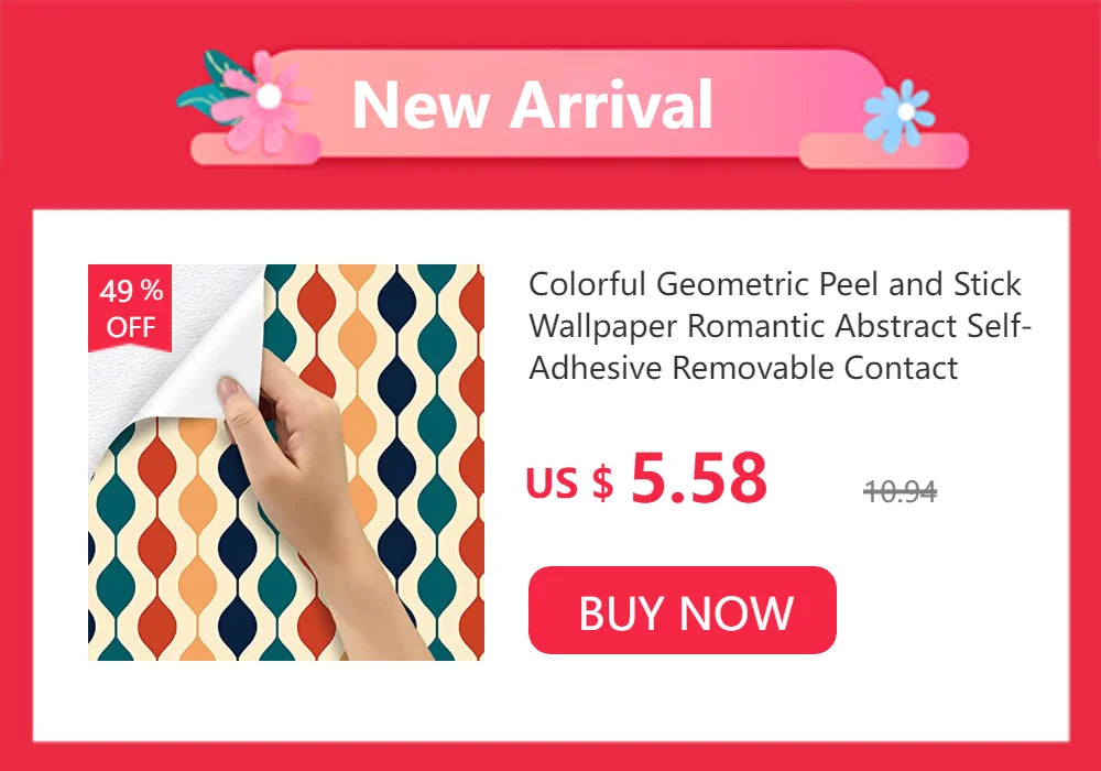 A close-up of colorful geometric peel and stick wallpaper being applied to a surface.