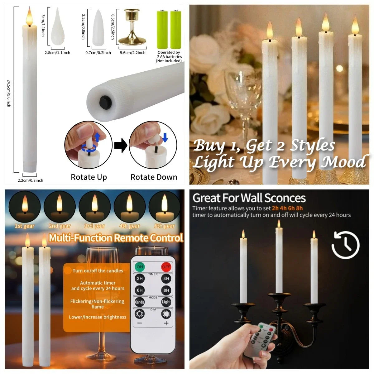 Rechargeable LED taper candles with a remote control and timer displayed next to various candle sizes.