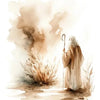 Watercolor painting of a figure resembling Jesus with a staff standing in dry grass and smoke.