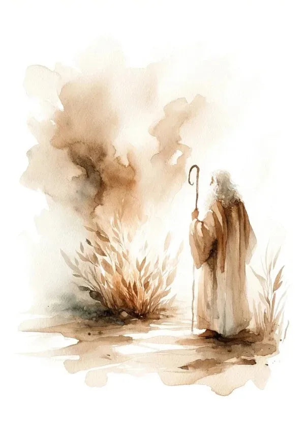 Watercolor painting of a figure resembling Jesus with a staff standing in dry grass and smoke.