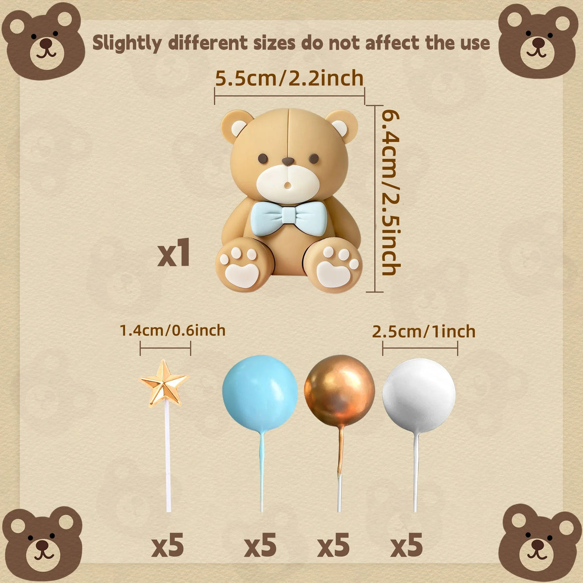 A set of five brown bear-shaped cake toppers and three spherical balloons for decoration.