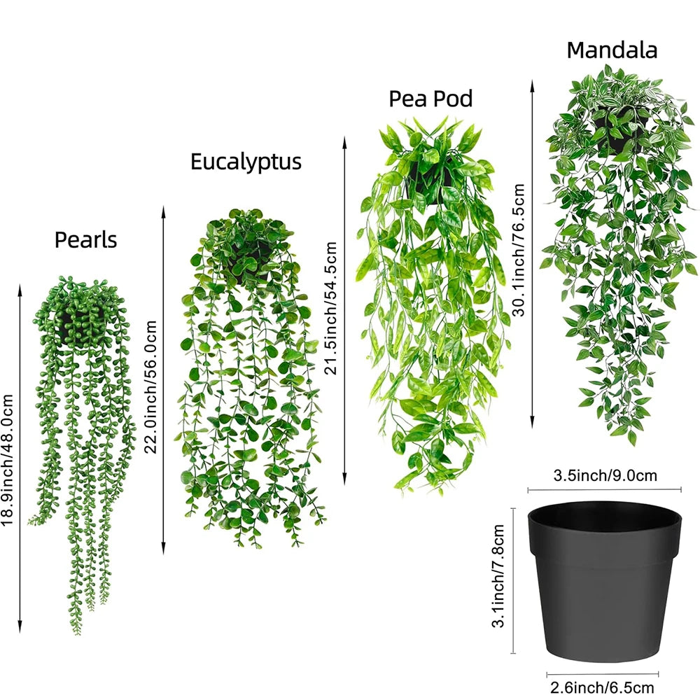Artificial Eucalyptus hanging plant in a black pot with a pea pod for home decor