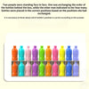 A set of colorful bottles arranged in a row for a matching game.