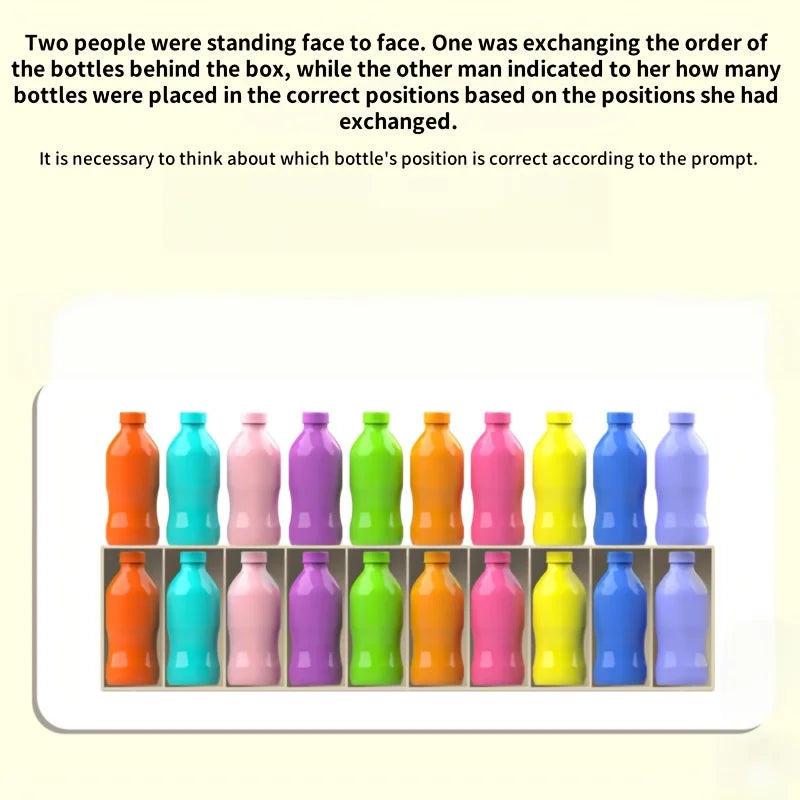 A set of colorful bottles arranged in a row for a matching game.
