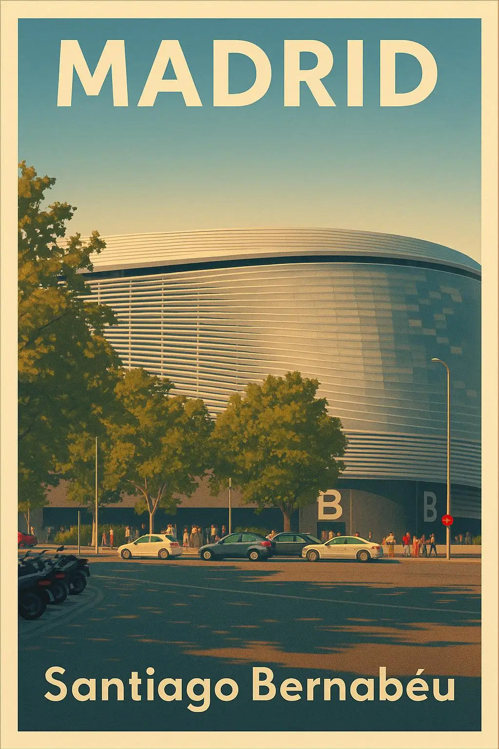A poster featuring the title Madrid and an image of the Santiago Bernabéu stadium.