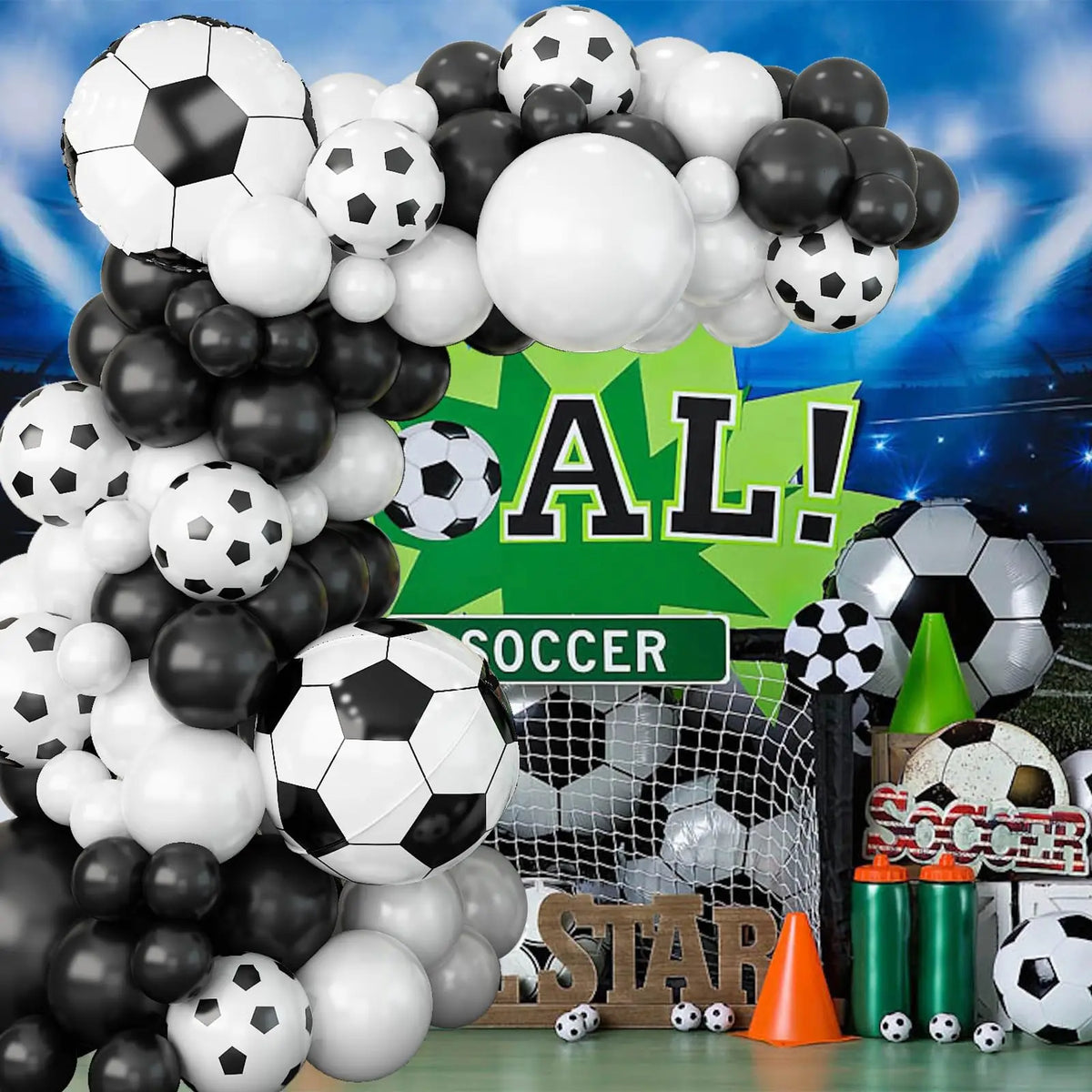 A large balloon garland arch kit featuring black and white balloons for soccer party decorations.