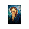 A painting depicting a man with reddish hair covering his face, looking distressed against a blue and white background.